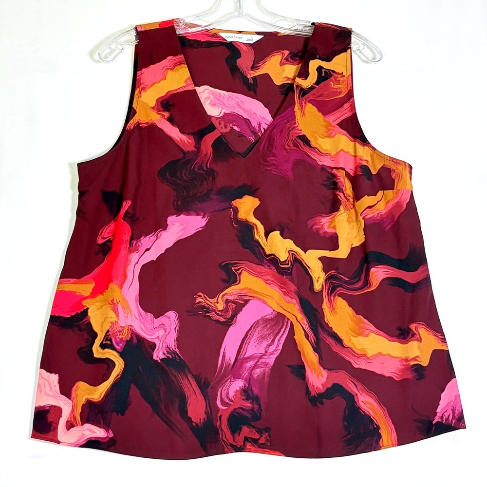 Nine West Womens Large Burgundy Pink Abstract Swirl V-Neck Sleeveless Blouse Top